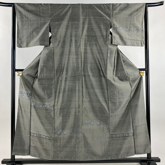 【美品】 付下 身長157.5cm 袖長64cm M 雙層 紬織織 草花紋紋 幾何學 灰 純蠶絲 秀品級