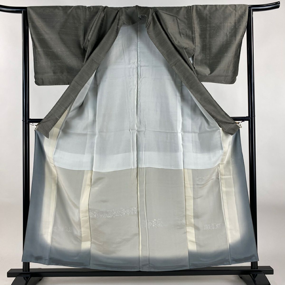 【美品】 付下 身長157.5cm 袖長64cm M 雙層 紬織織 草花紋紋 幾何學 灰 純蠶絲 秀品級