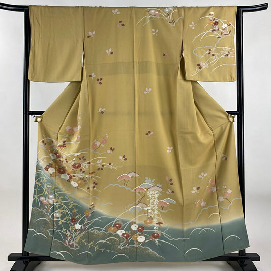【美品】訪問服 身長158cm 袖長64cm M 雙層 菊花 萩 染分 逐漸淡化 薄茶 純蠶絲 秀品級