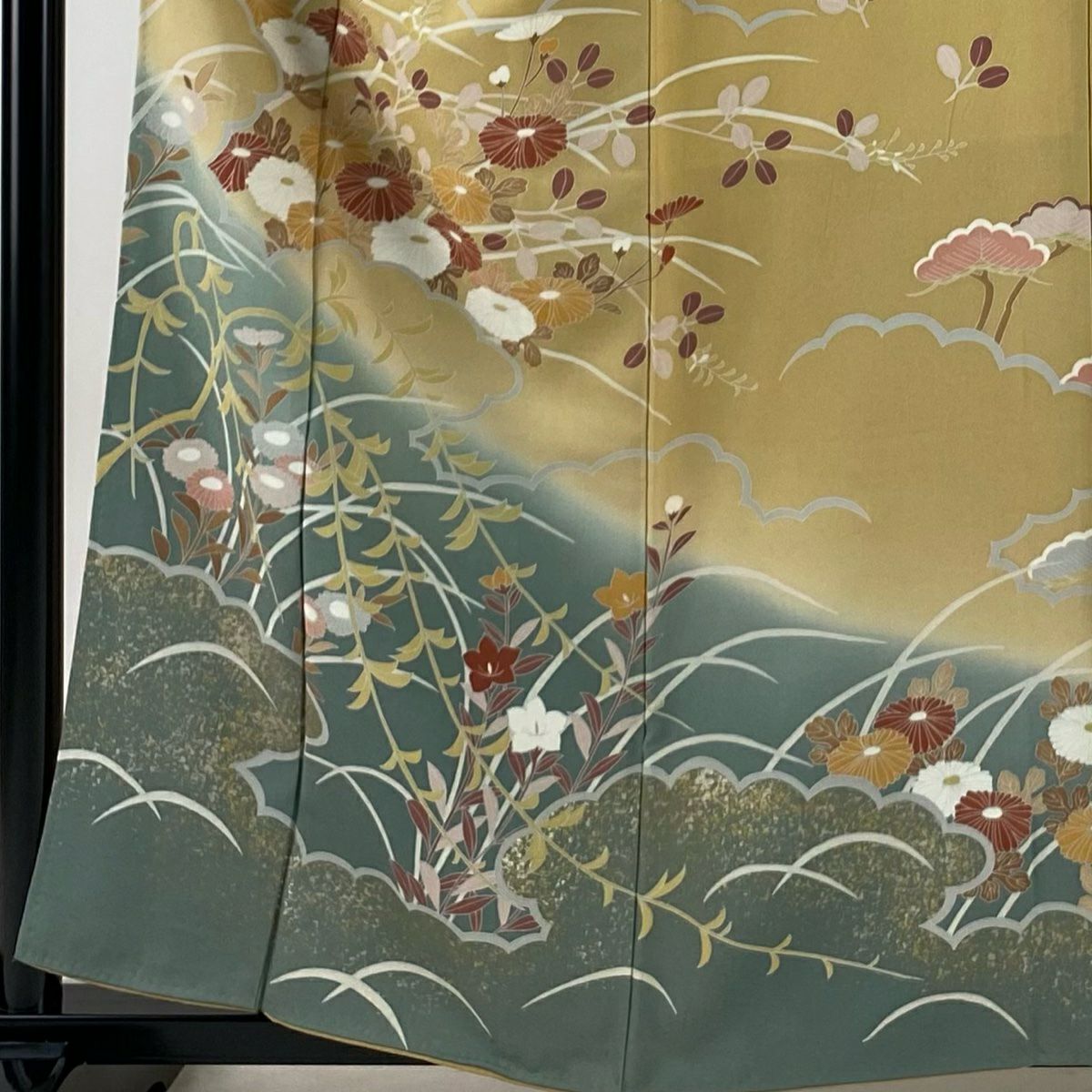 【美品】訪問服 身長158cm 袖長64cm M 雙層 菊花 萩 染分 逐漸淡化 薄茶 純蠶絲 秀品級