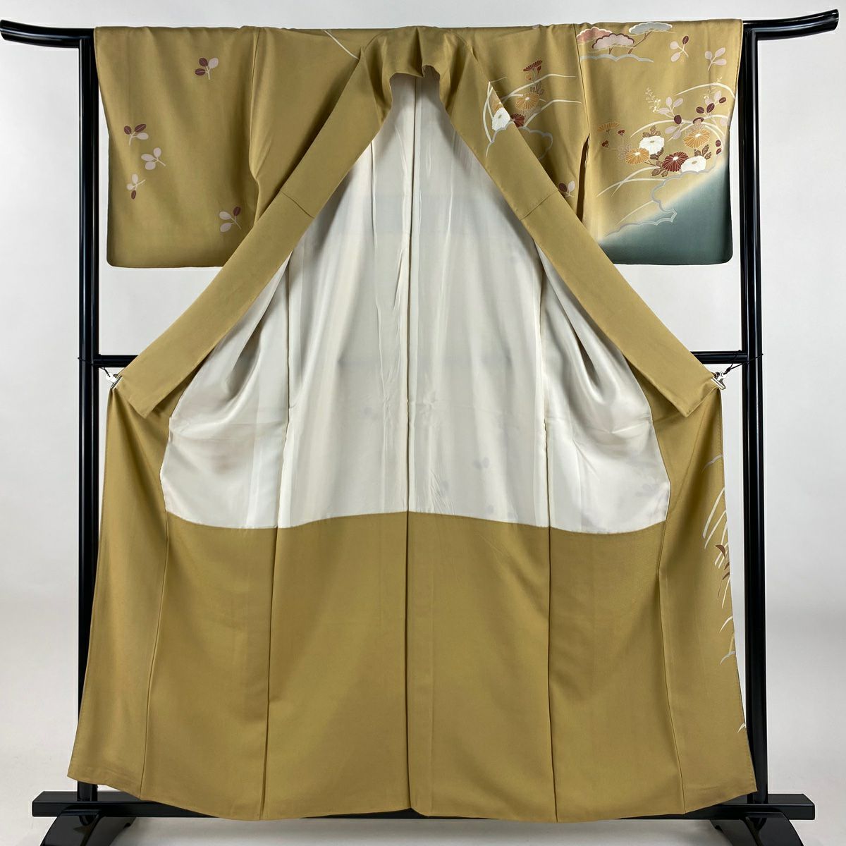 【美品】訪問服 身長158cm 袖長64cm M 雙層 菊花 萩 染分 逐漸淡化 薄茶 純蠶絲 秀品級