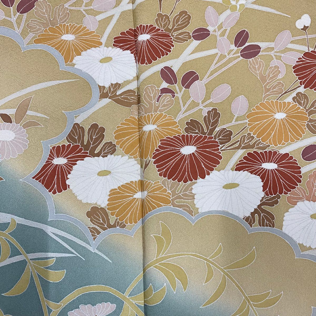 【美品】訪問服 身長158cm 袖長64cm M 雙層 菊花 萩 染分 逐漸淡化 薄茶 純蠶絲 秀品級