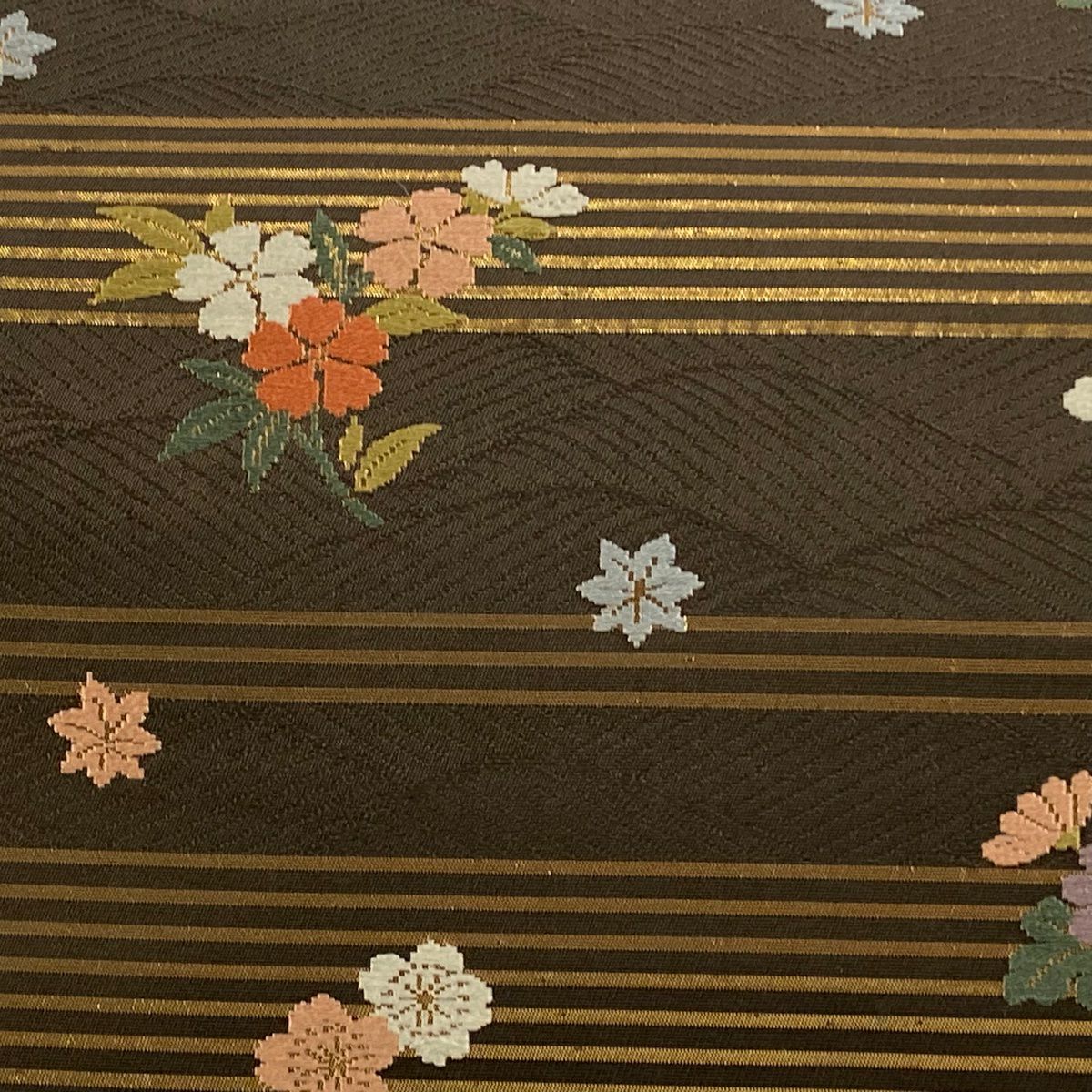 【美品】名古屋帶 秀品級 樱花 菊花花 金金箔 刺繡 茶 純蠶絲