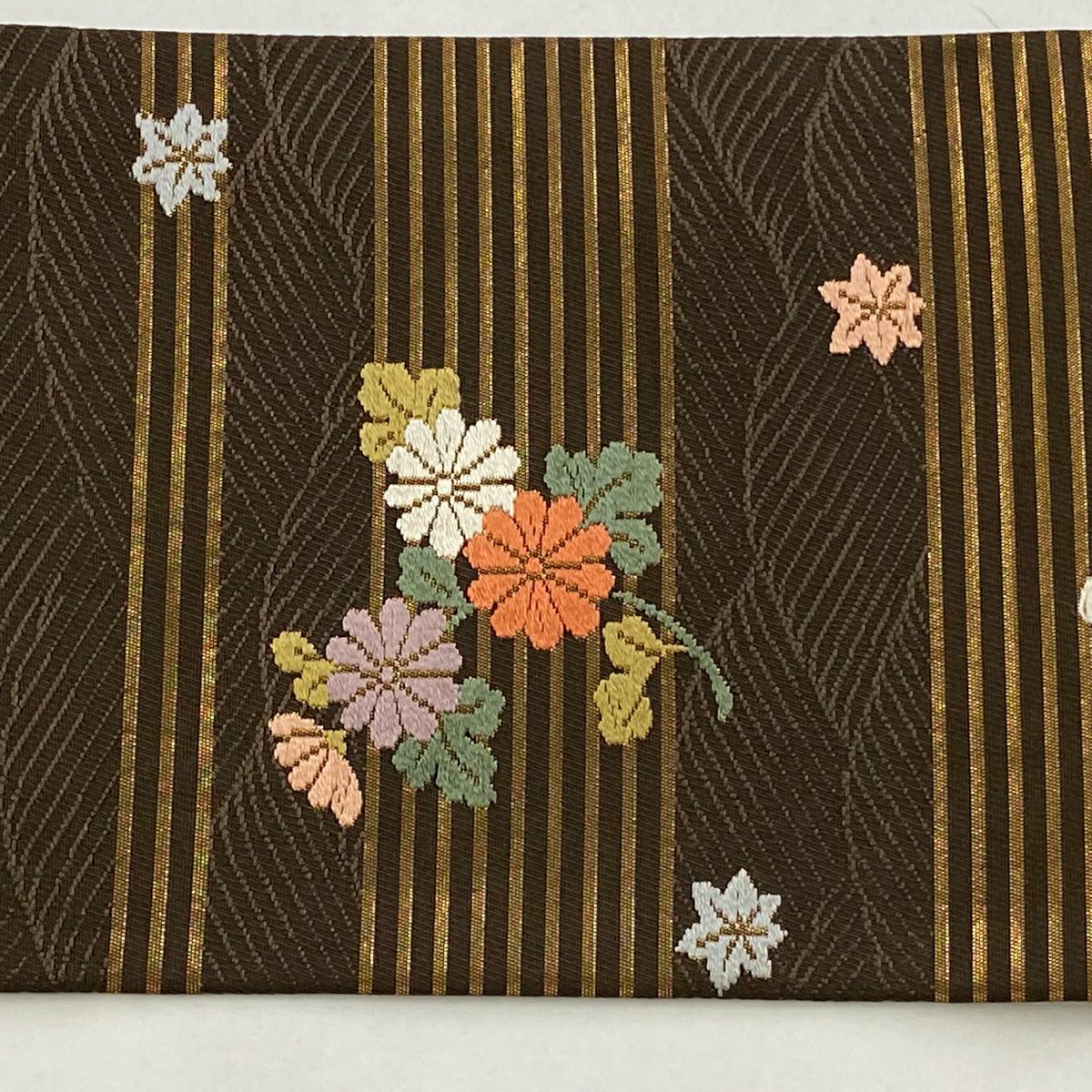 【美品】名古屋帶 秀品級 樱花 菊花花 金金箔 刺繡 茶 純蠶絲