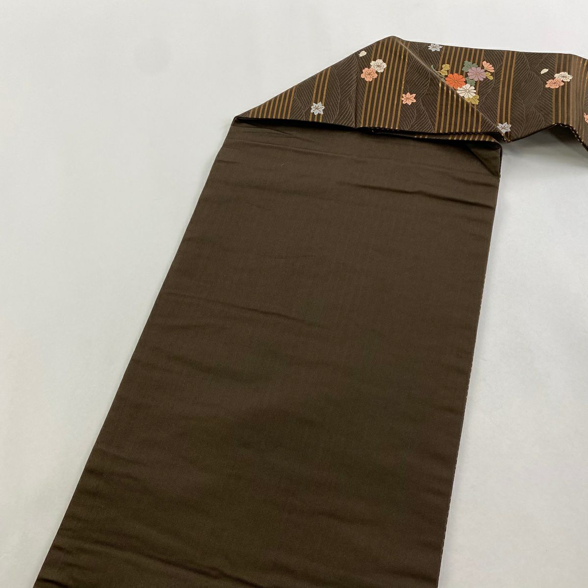 【美品】名古屋帶 秀品級 樱花 菊花花 金金箔 刺繡 茶 純蠶絲
