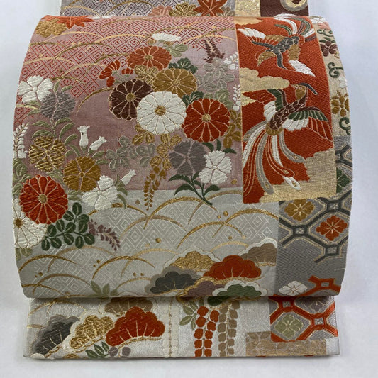 袋帶 秀品級 松樹 花鳥 金金箔 金絲 灰白 六通 純蠶絲