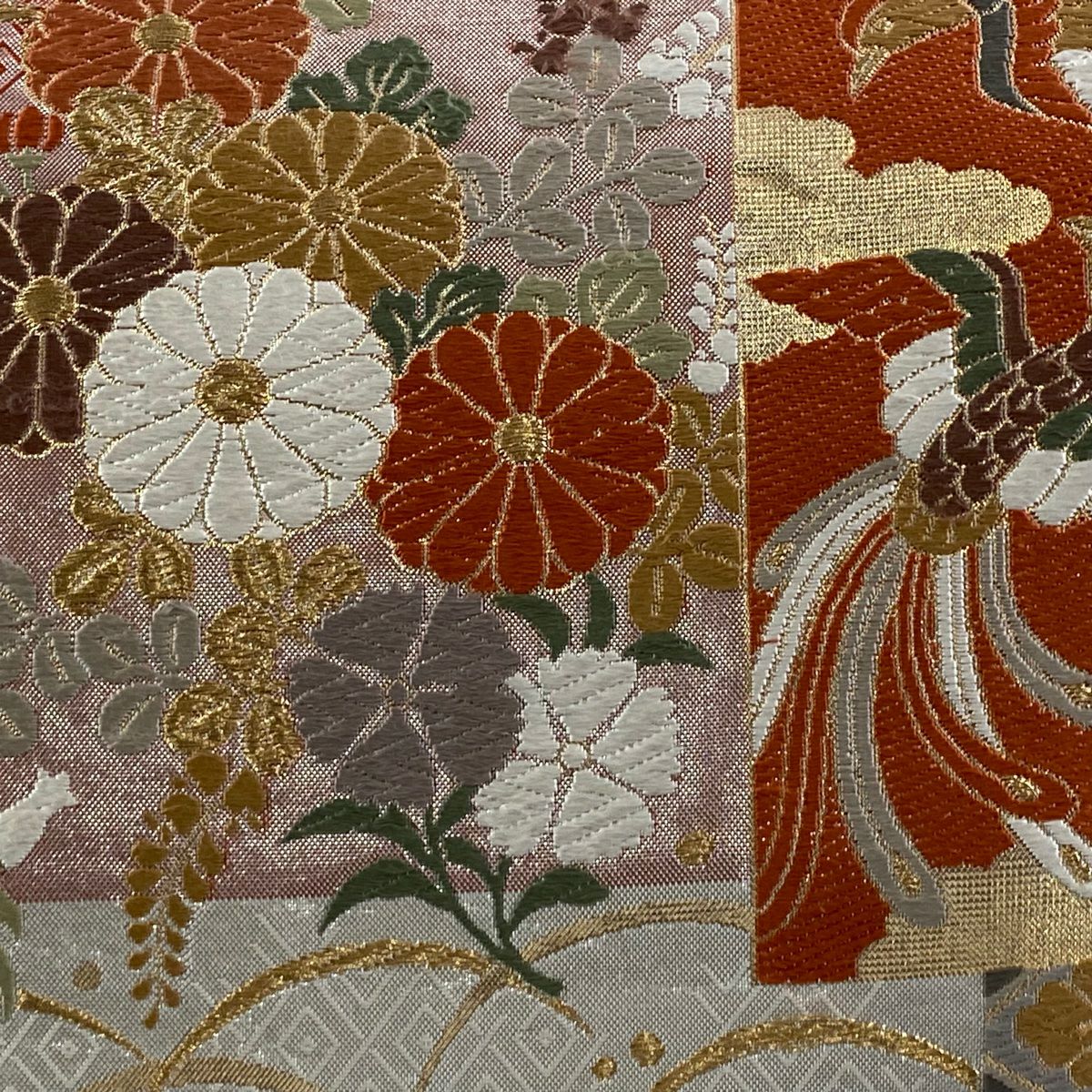 袋帶 秀品級 松樹 花鳥 金金箔 金絲 灰白 六通 純蠶絲