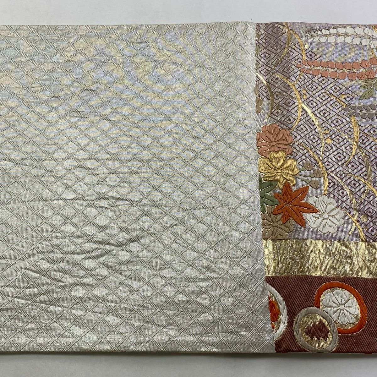 袋帶 秀品級 松樹 花鳥 金金箔 金絲 灰白 六通 純蠶絲