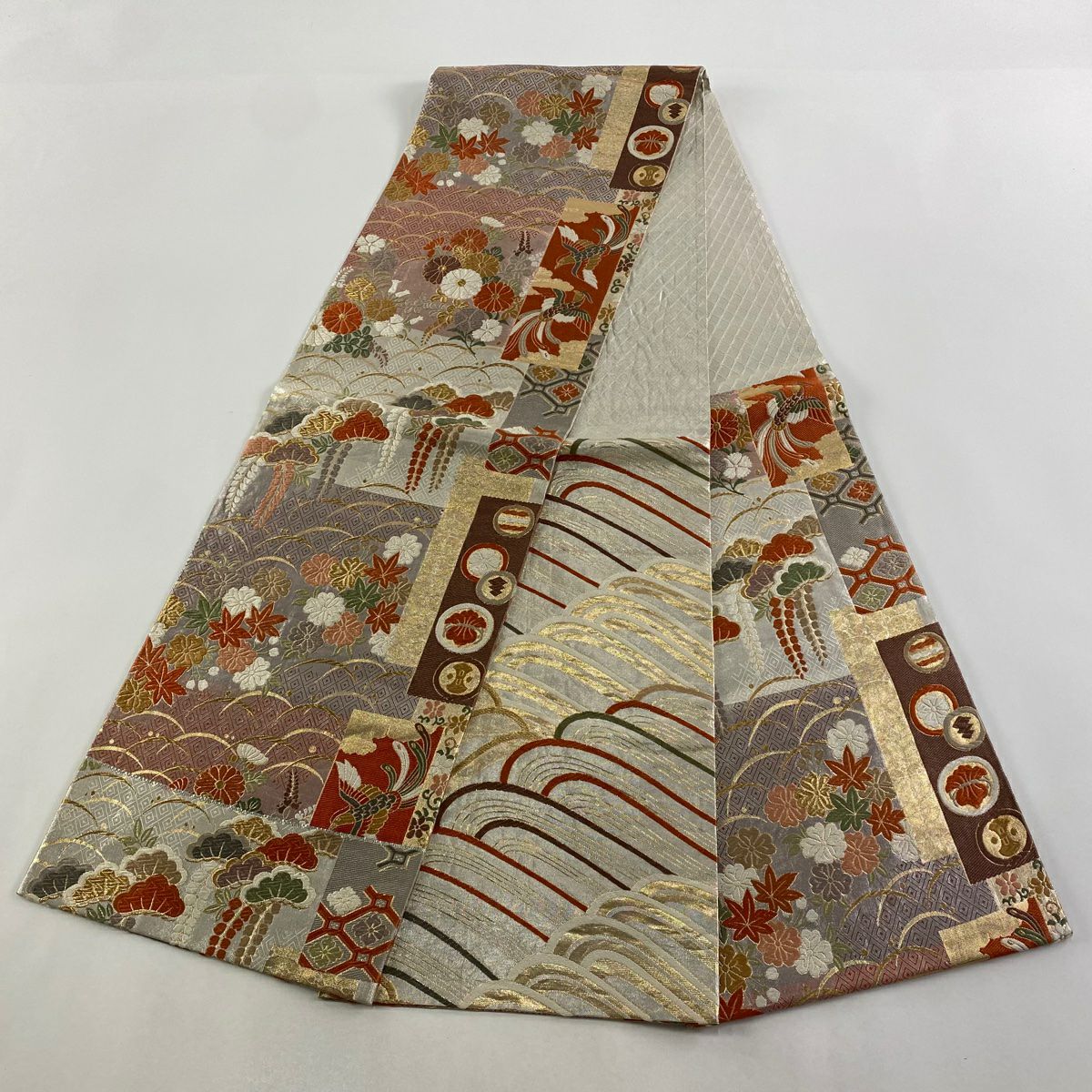 袋帶 秀品級 松樹 花鳥 金金箔 金絲 灰白 六通 純蠶絲