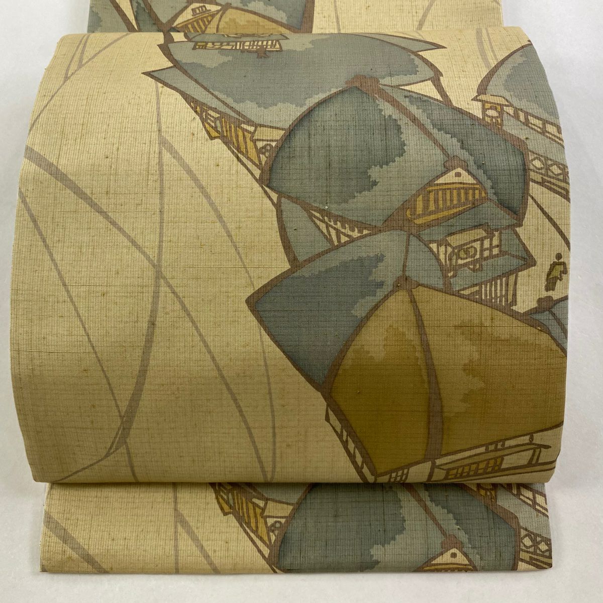 【美品】 袋帶 秀品級 家屋 米色 全通 純蠶絲
