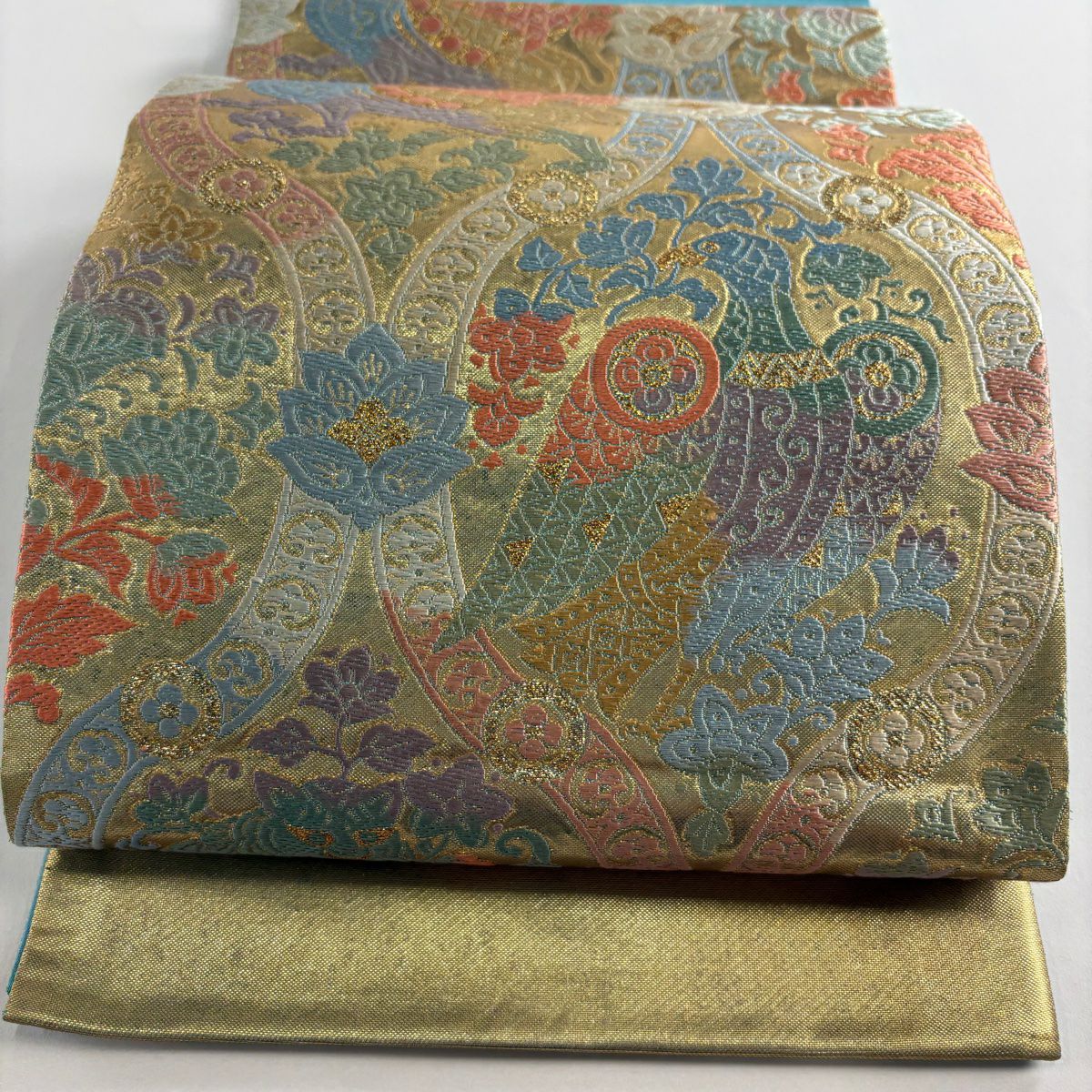 【美品】 袋帶 秀品級 附有落款 關西仕立 草花紋紋 動物 金絲 金金箔 金色 六通 純蠶絲