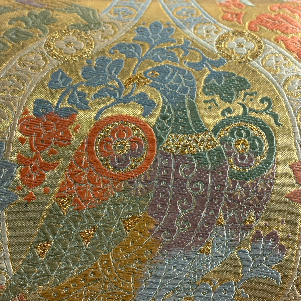 【美品】 袋帶 秀品級 附有落款 關西仕立 草花紋紋 動物 金絲 金金箔 金色 六通 純蠶絲