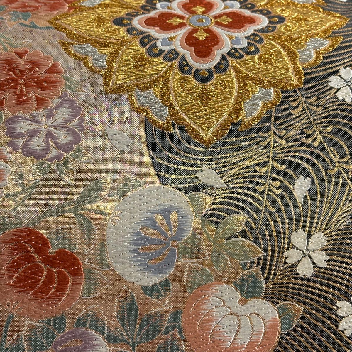 【美品】 袋帶 秀品級 華紋 草花紋 金銀彩 金金箔 金 六通 純蠶絲