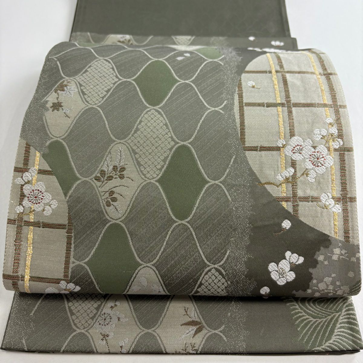 【美品】 袋帶 秀品級 梅花 網目 金金箔 灰綠 六通 純蠶絲