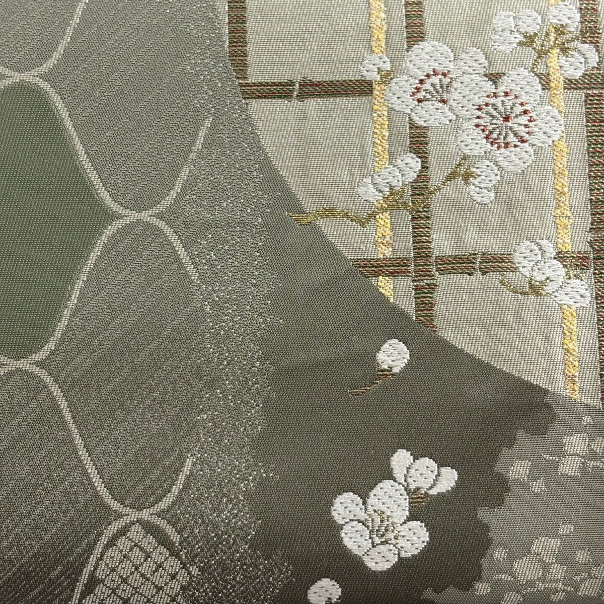 【美品】 袋帶 秀品級 梅花 網目 金金箔 灰綠 六通 純蠶絲