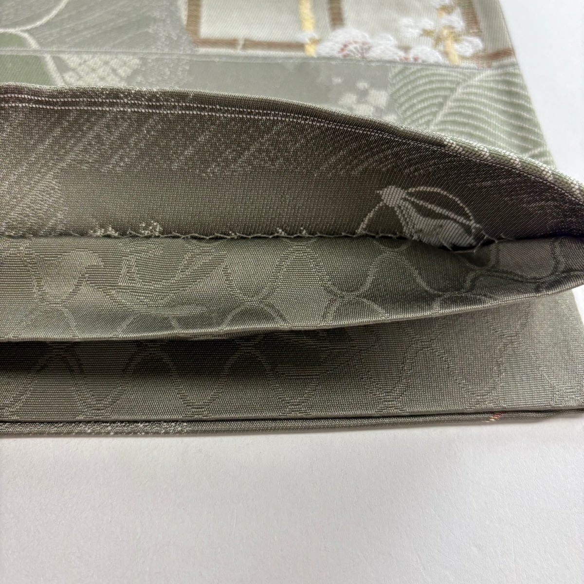 【美品】 袋帶 秀品級 梅花 網目 金金箔 灰綠 六通 純蠶絲