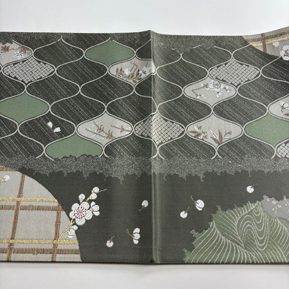 【美品】 袋帶 秀品級 梅花 網目 金金箔 灰綠 六通 純蠶絲