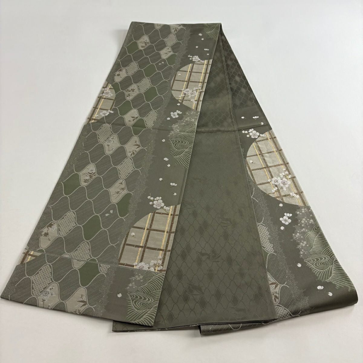 【美品】 袋帶 秀品級 梅花 網目 金金箔 灰綠 六通 純蠶絲