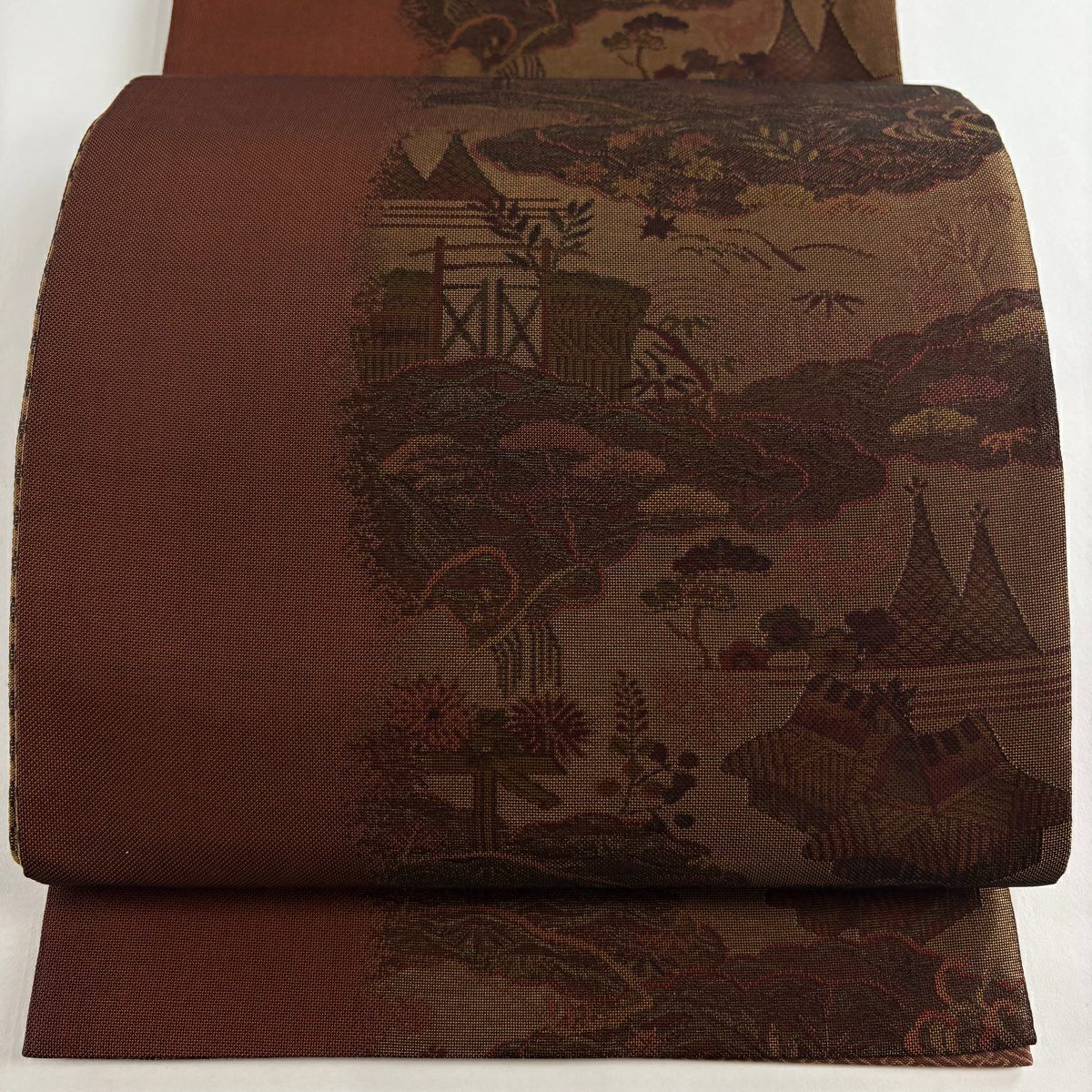【美品】 袋帶 秀品級 風景 松樹竹子梅花 金絲 紅茶 全通 純蠶絲