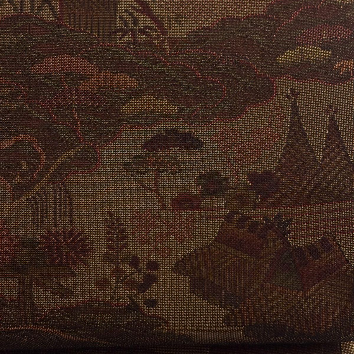 【美品】 袋帶 秀品級 風景 松樹竹子梅花 金絲 紅茶 全通 純蠶絲