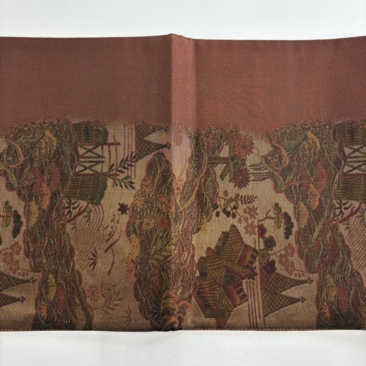【美品】 袋帶 秀品級 風景 松樹竹子梅花 金絲 紅茶 全通 純蠶絲