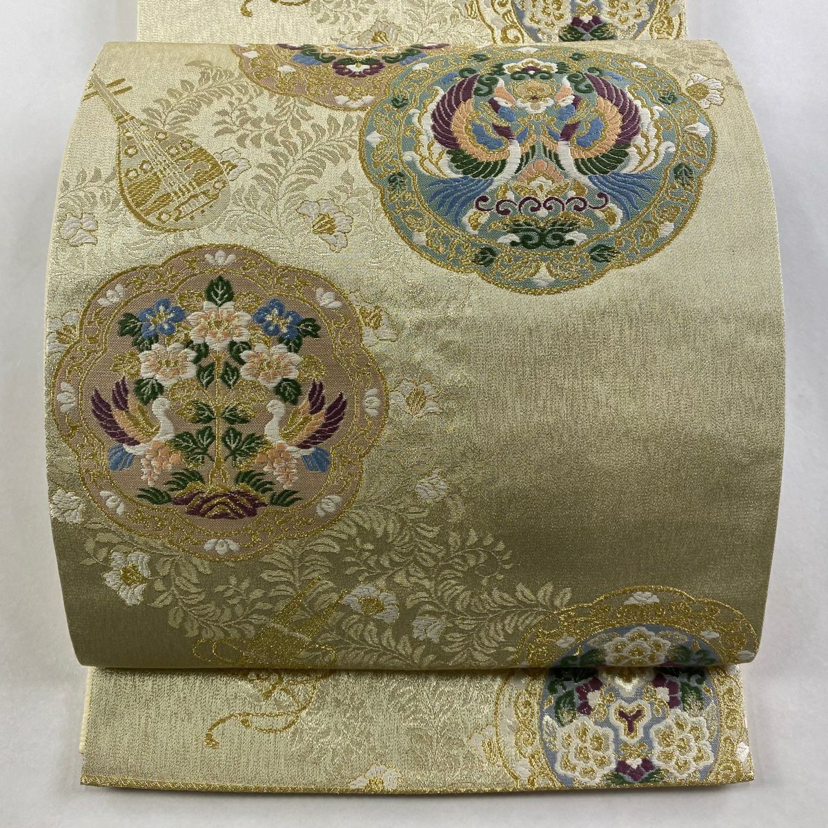 【美品】 袋帶 秀品級 向鳥 華紋 唐織 金絲 金色 六通 純蠶絲