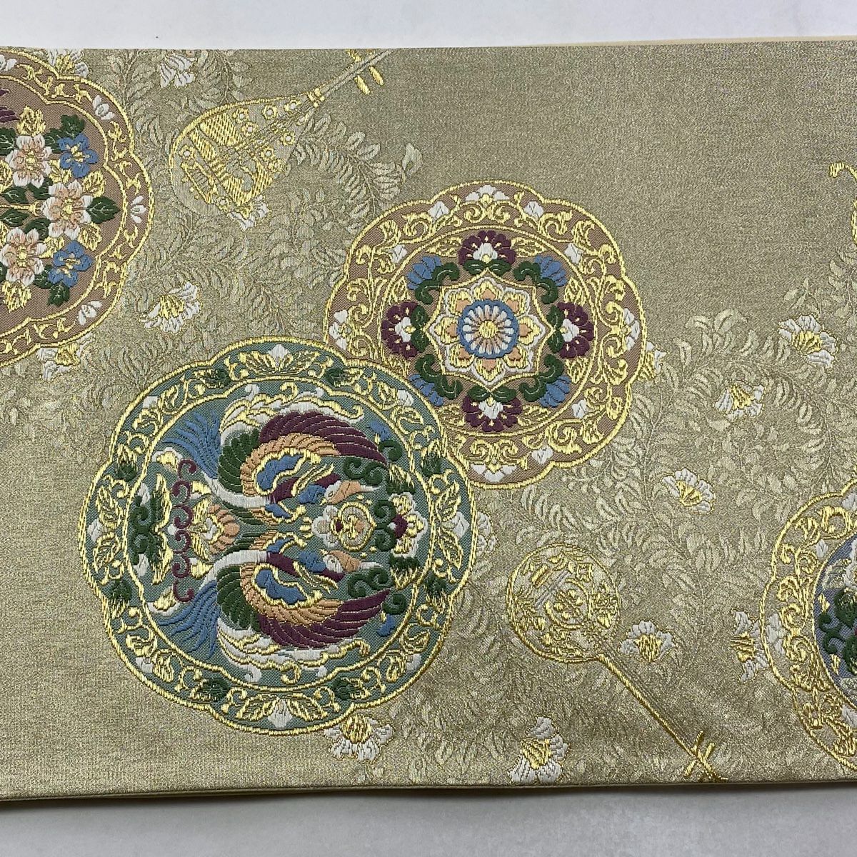 【美品】 袋帶 秀品級 向鳥 華紋 唐織 金絲 金色 六通 純蠶絲