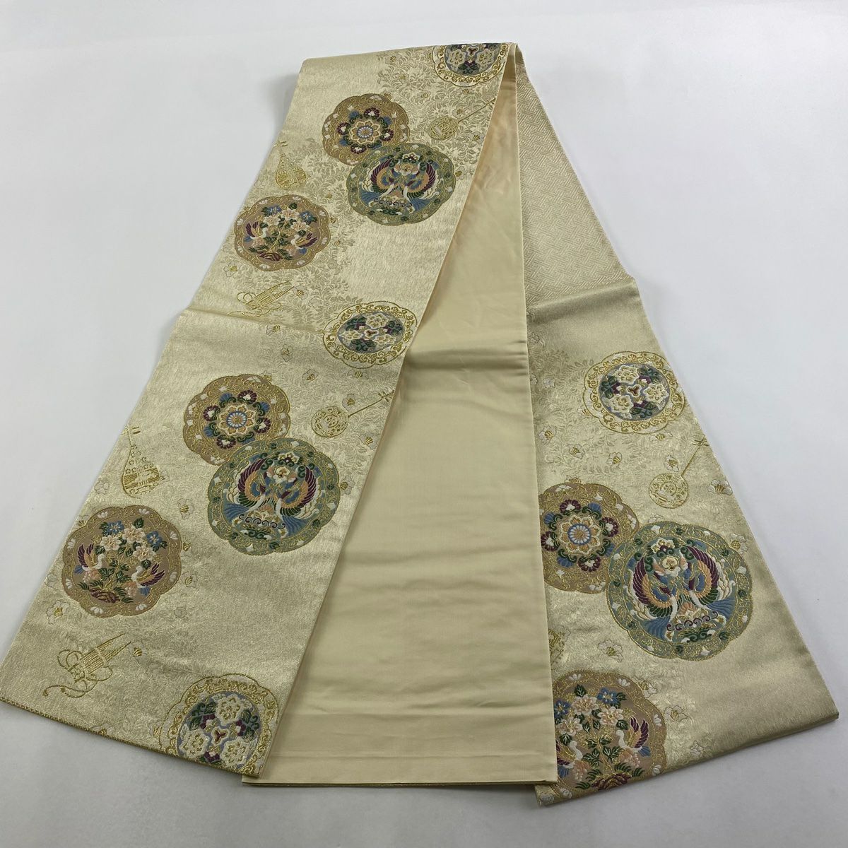 【美品】 袋帶 秀品級 向鳥 華紋 唐織 金絲 金色 六通 純蠶絲