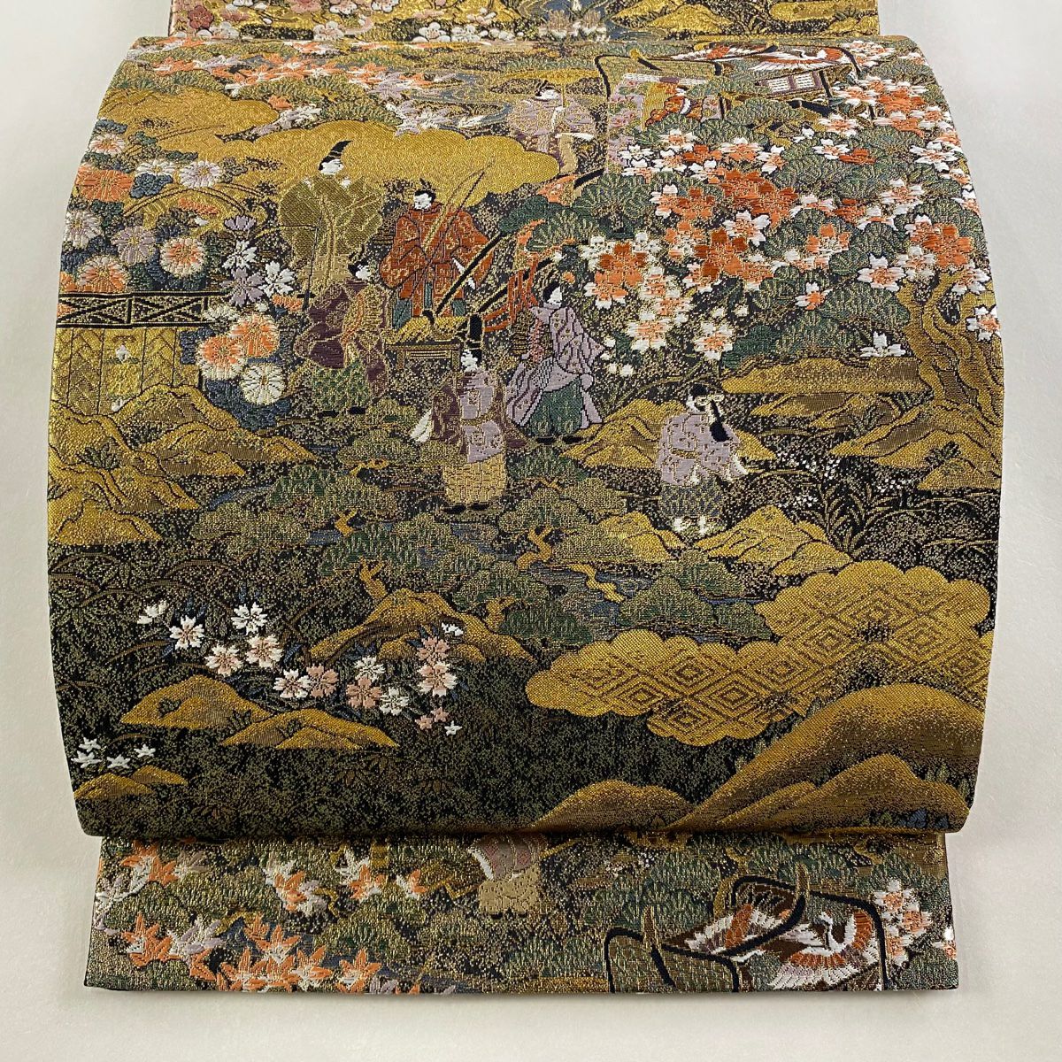 【美品】 袋帶 秀品級 人物 御所車 金金箔 金絲 黑 六通 純蠶絲