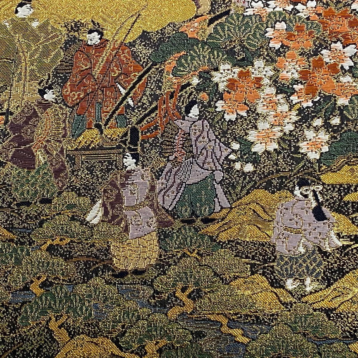 【美品】 袋帶 秀品級 人物 御所車 金金箔 金絲 黑 六通 純蠶絲