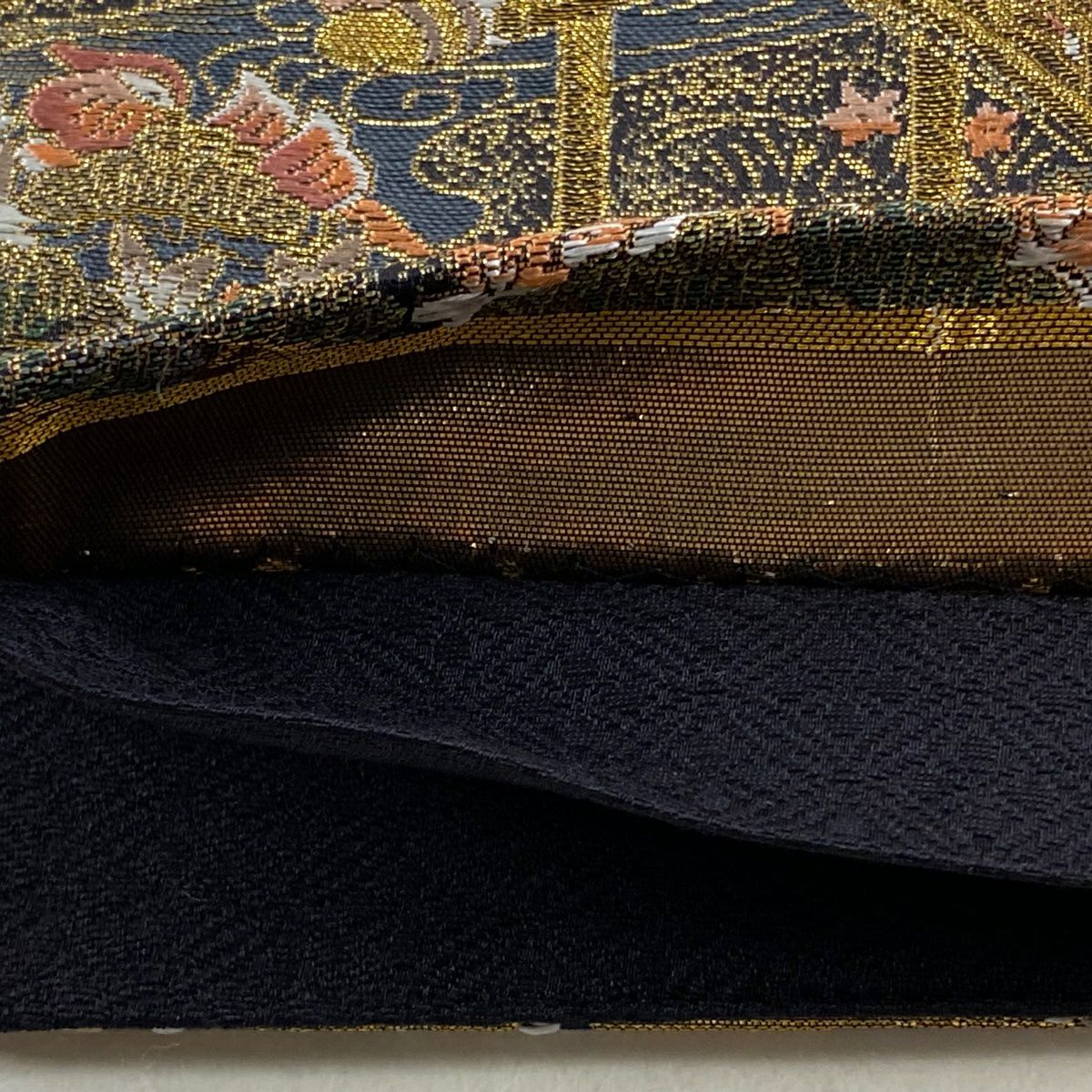 【美品】 袋帶 秀品級 人物 御所車 金金箔 金絲 黑 六通 純蠶絲