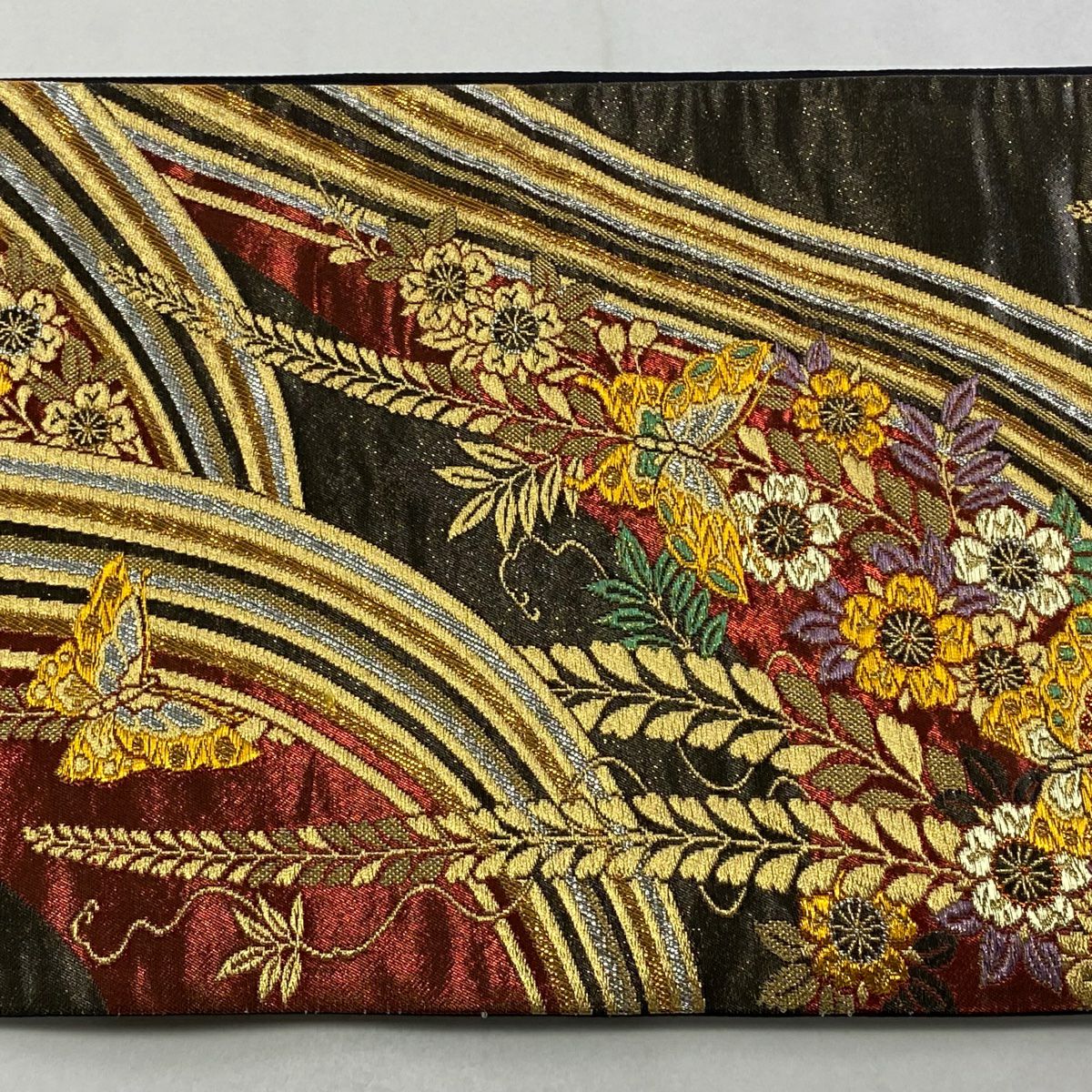 【美品】 袋帶 秀品級 蝶 櫻花 金金箔 唐織 焦茶 六通 純蠶絲