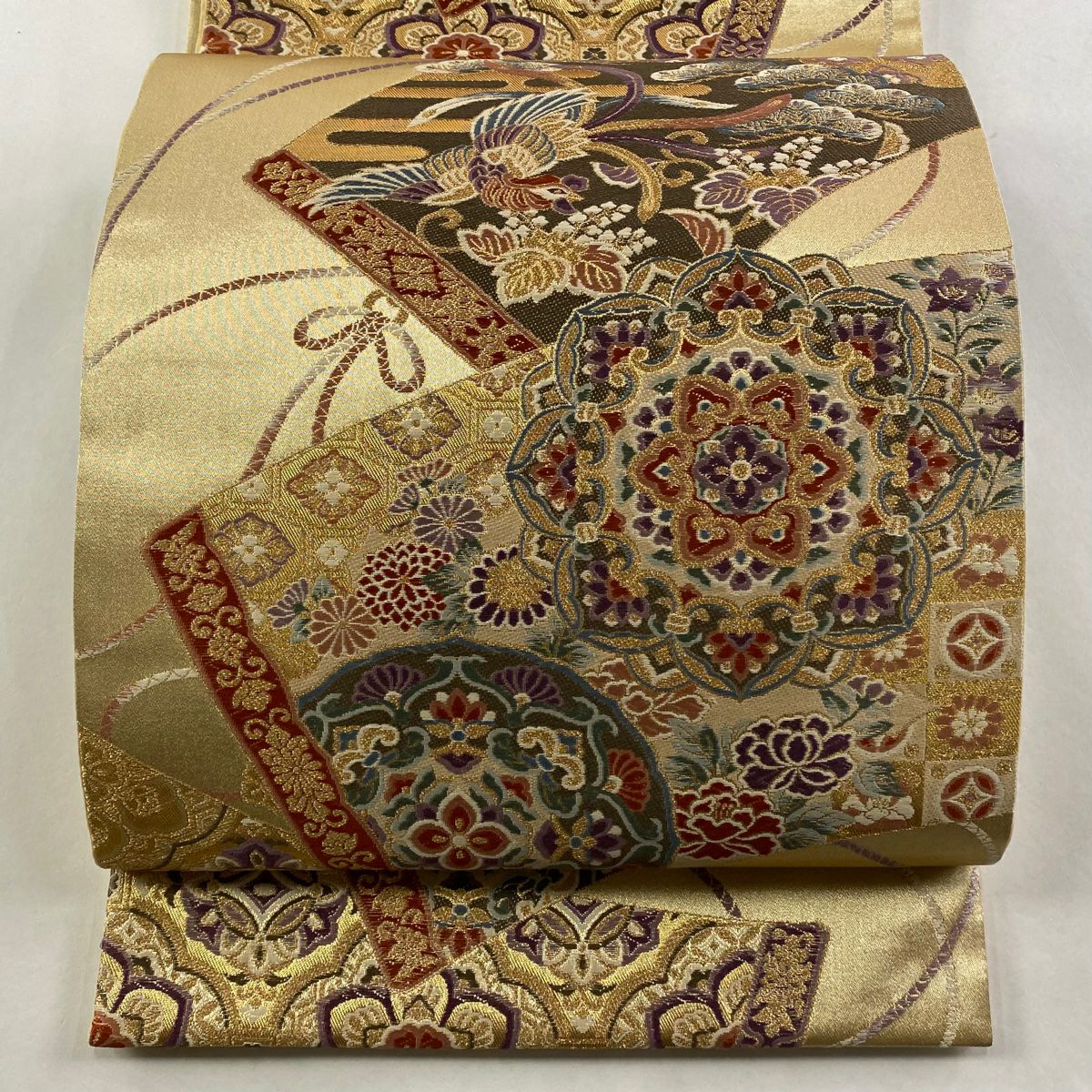 【美品】 袋帶 秀品級 正倉院繪卷鳳凰 金金箔 金絲 金色 六通 純蠶絲