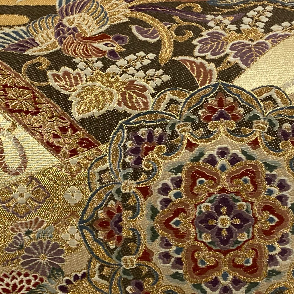 【美品】 袋帶 秀品級 正倉院繪卷鳳凰 金金箔 金絲 金色 六通 純蠶絲