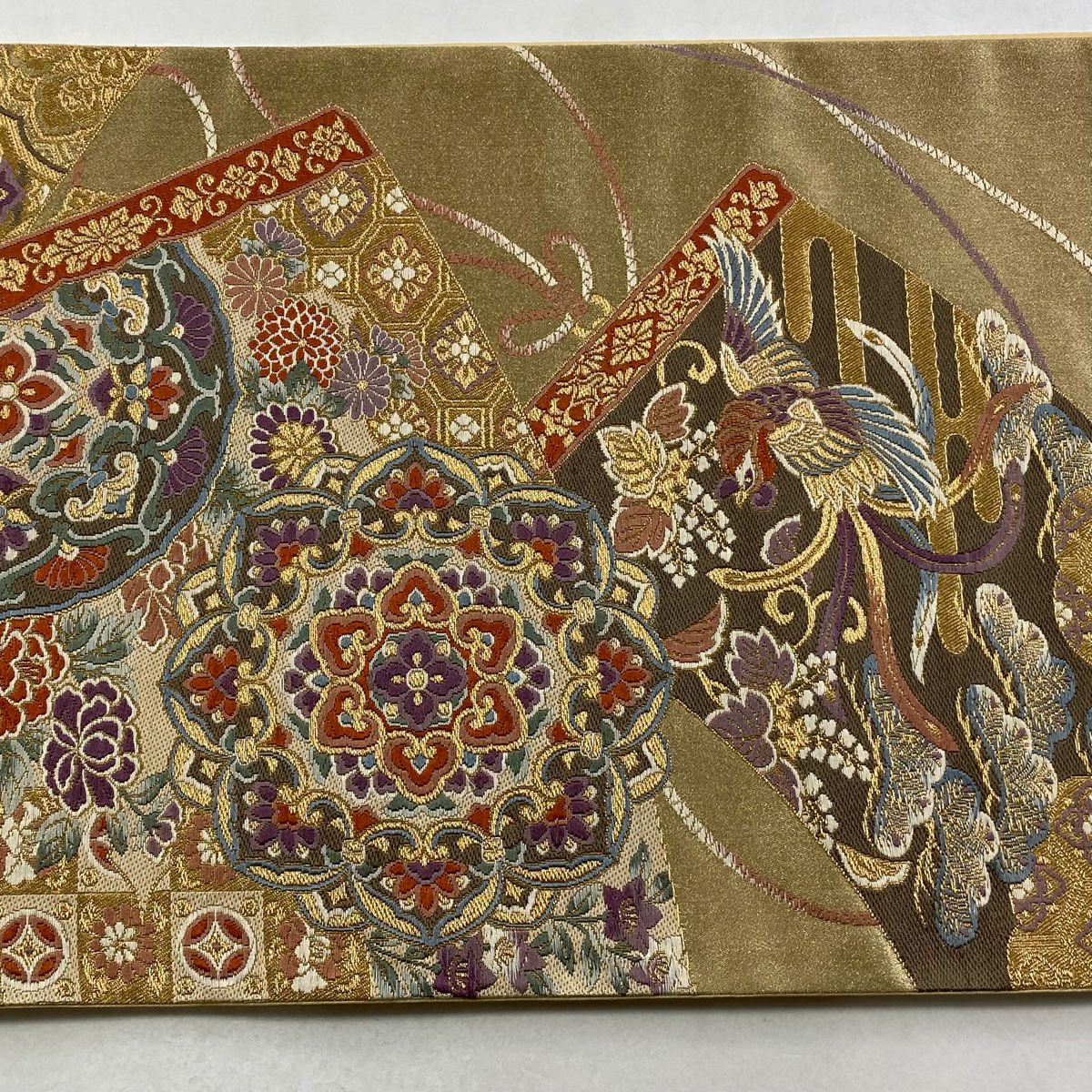 【美品】 袋帶 秀品級 正倉院繪卷鳳凰 金金箔 金絲 金色 六通 純蠶絲