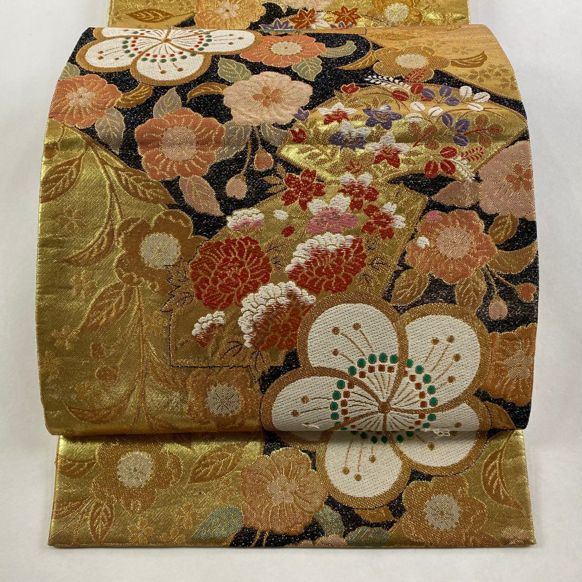 袋帶 秀品級 扇子面 草花紋紋 金金箔 唐織 金 六通 純蠶絲