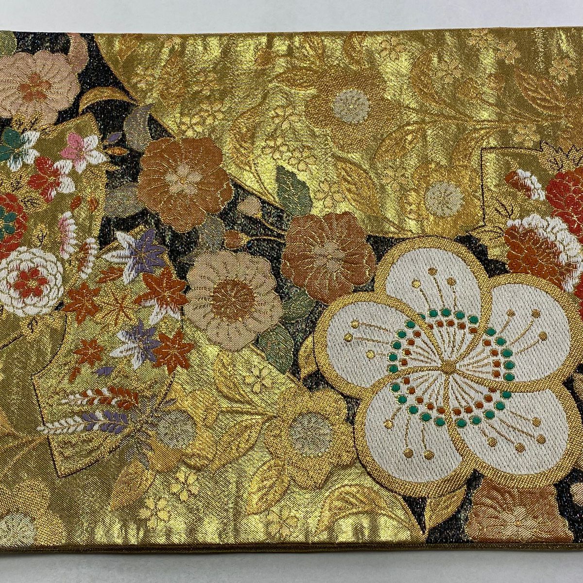 袋帶 秀品級 扇子面 草花紋紋 金金箔 唐織 金 六通 純蠶絲