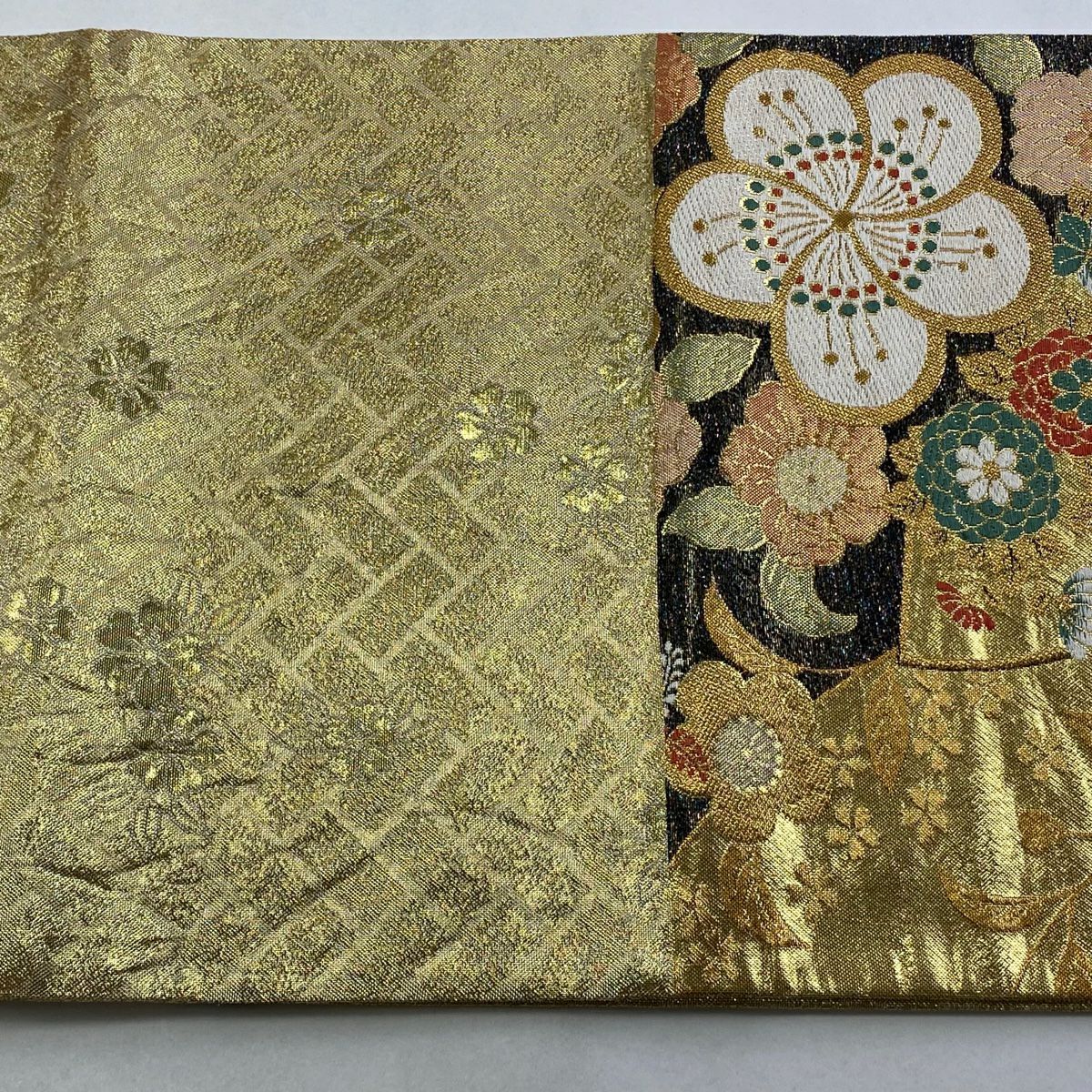 袋帶 秀品級 扇子面 草花紋紋 金金箔 唐織 金 六通 純蠶絲