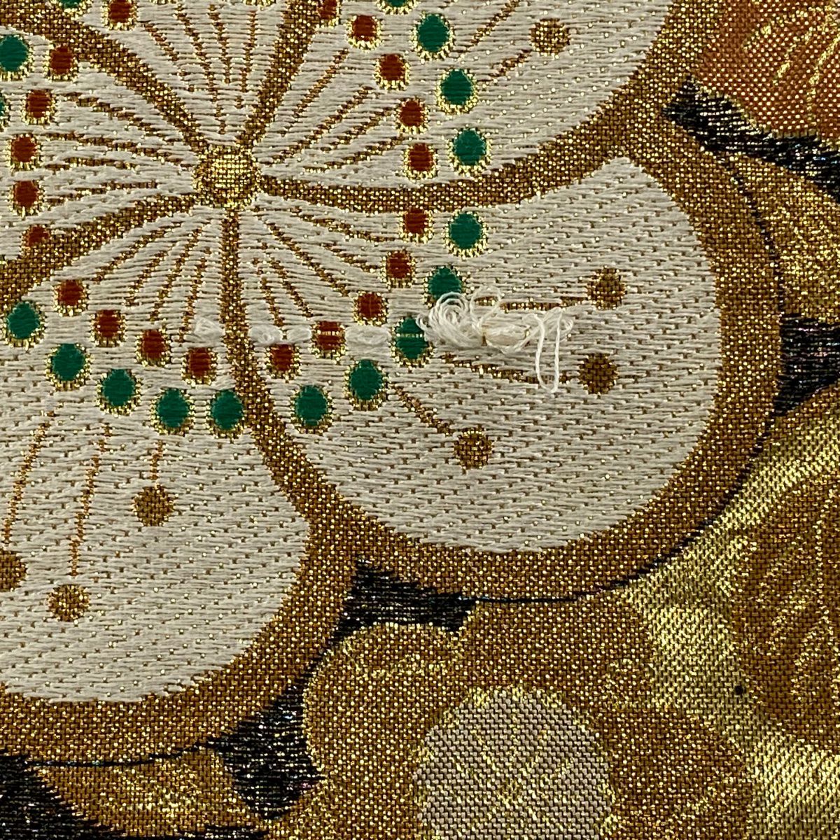 袋帶 秀品級 扇子面 草花紋紋 金金箔 唐織 金 六通 純蠶絲