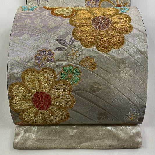 袋帶 秀品級 櫻花 波 唐織 金金箔 銀 六通 純蠶絲
