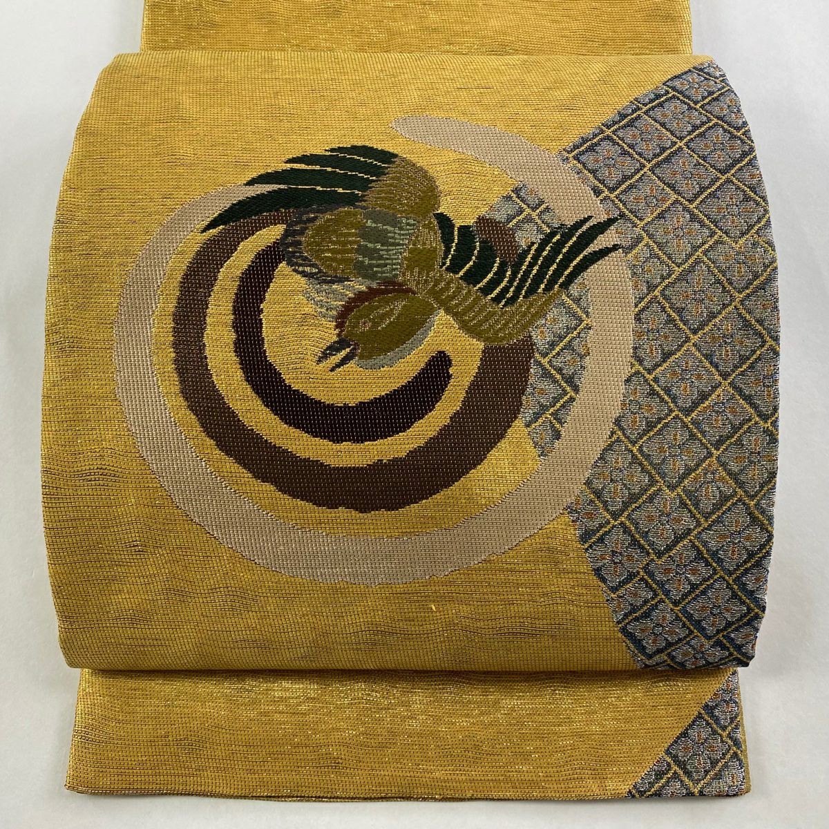 【美品】 袋帶 秀品級 鳥 花菱 金金箔 金線 金色 大鼓圖案 純蠶絲