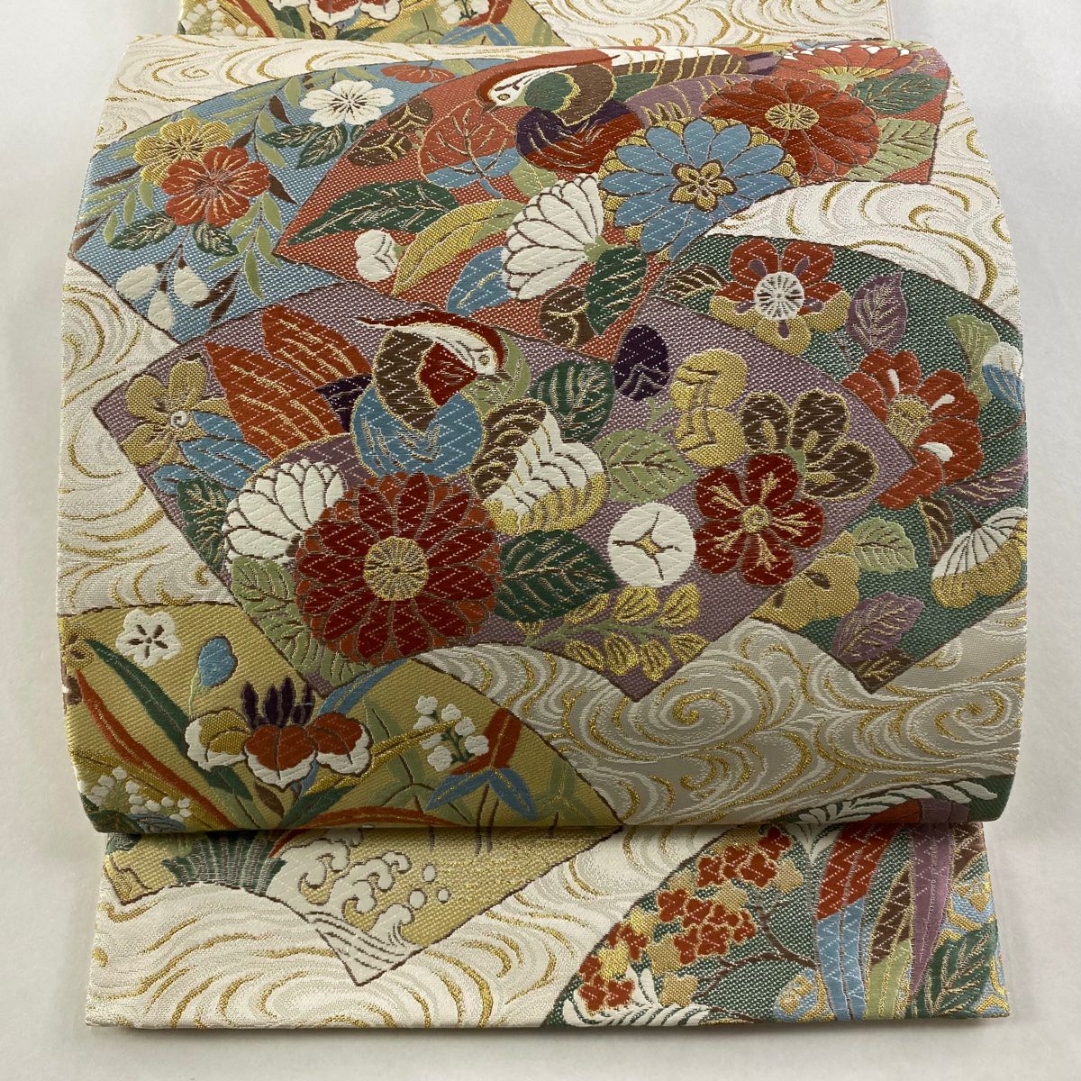 【美品】 袋帶 秀品級 落款あり 桃山花鳥紋 唐織 金絲 奶油 六通 純蠶絲