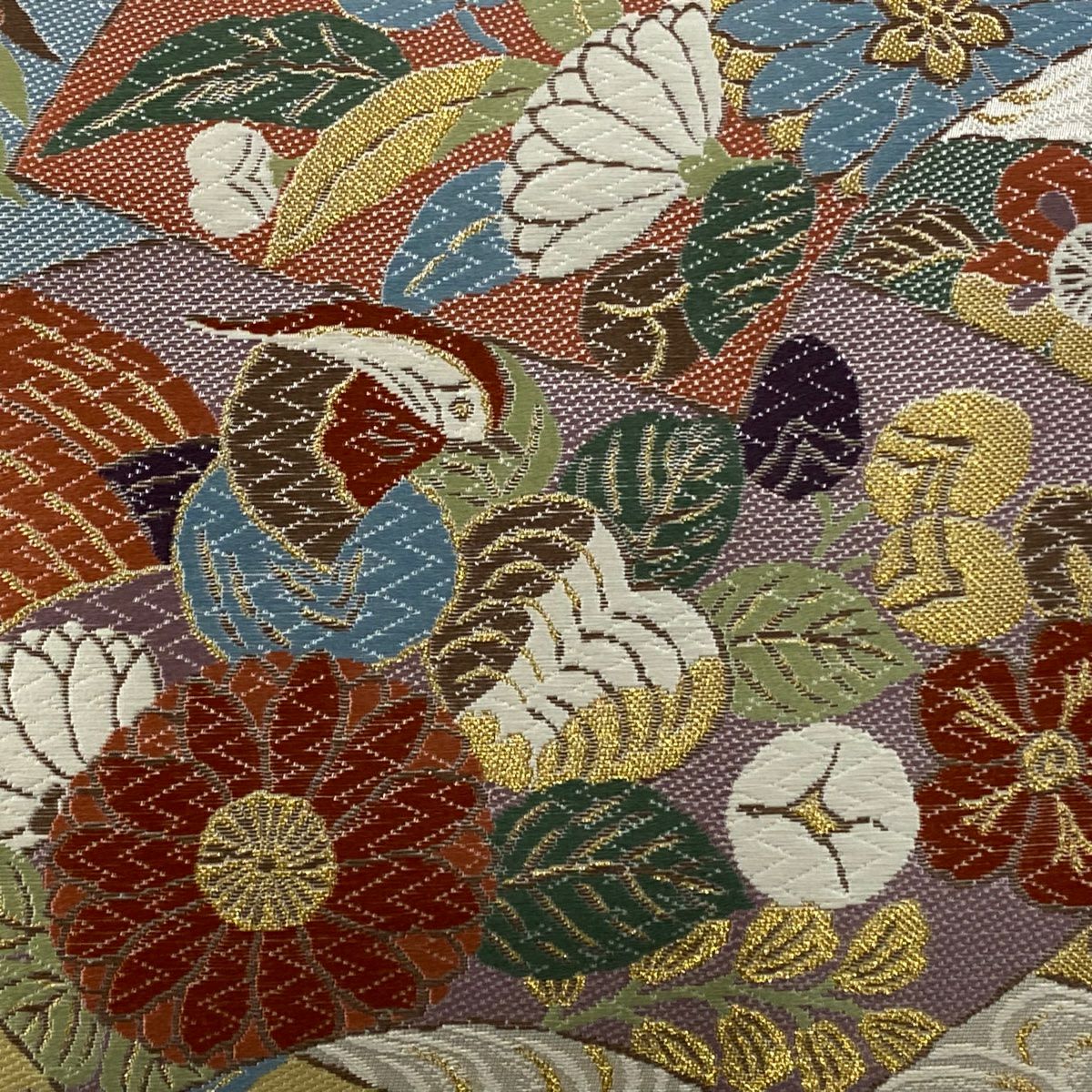 【美品】 袋帶 秀品級 落款あり 桃山花鳥紋 唐織 金絲 奶油 六通 純蠶絲