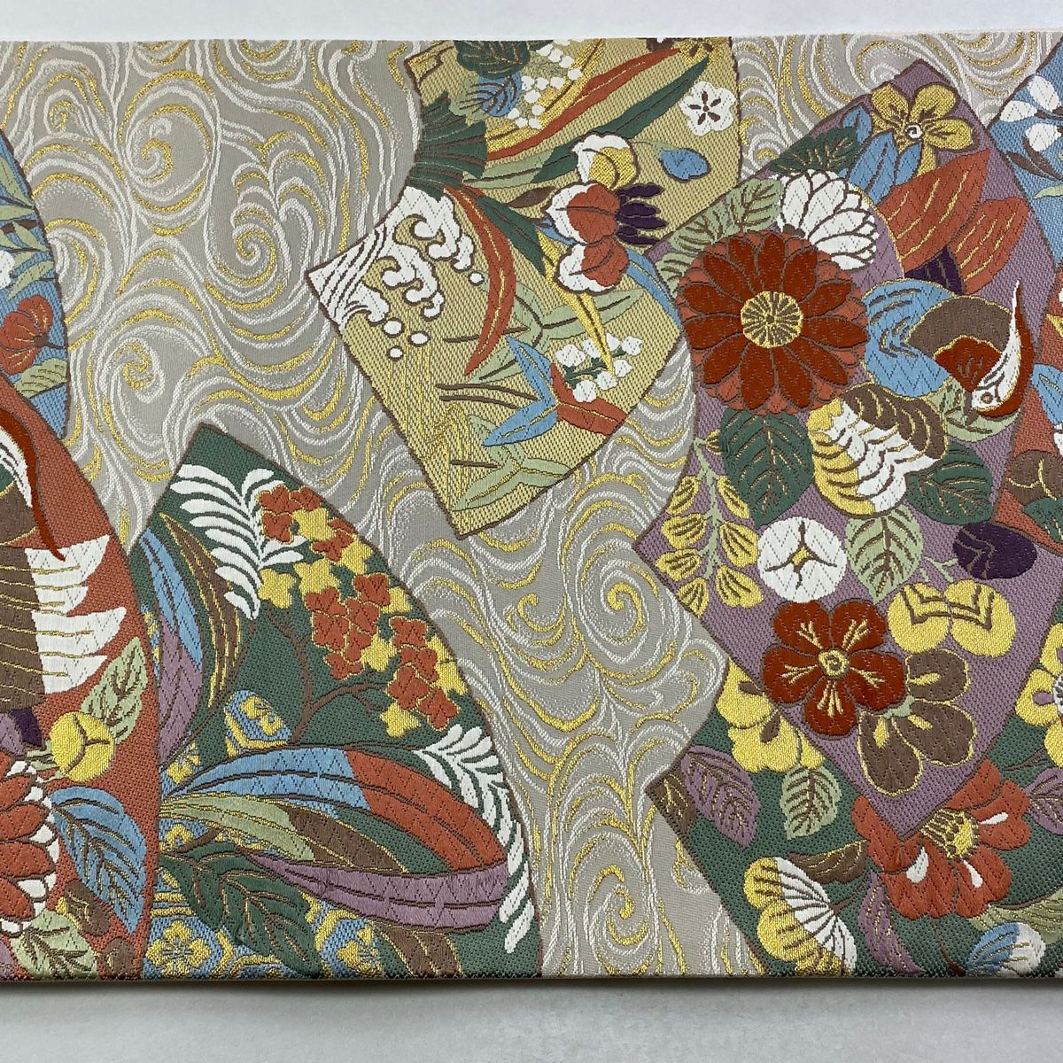 【美品】 袋帶 秀品級 落款あり 桃山花鳥紋 唐織 金絲 奶油 六通 純蠶絲