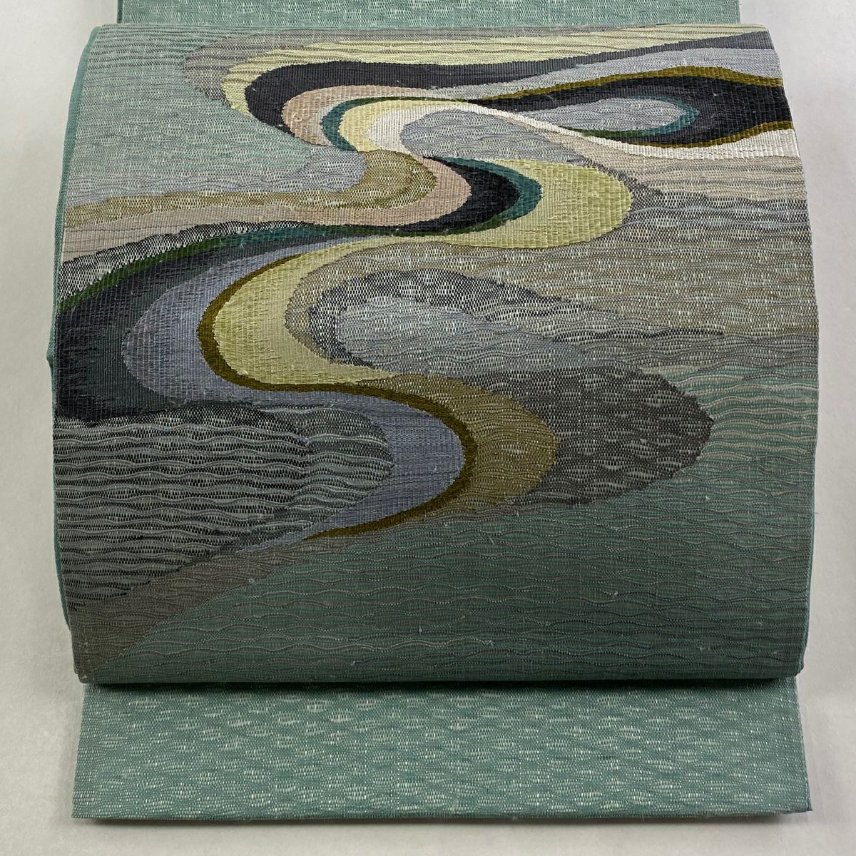 【美品】 袋帶 秀品級 流水 銀線 淺綠 お太鼓圖案 純蠶絲