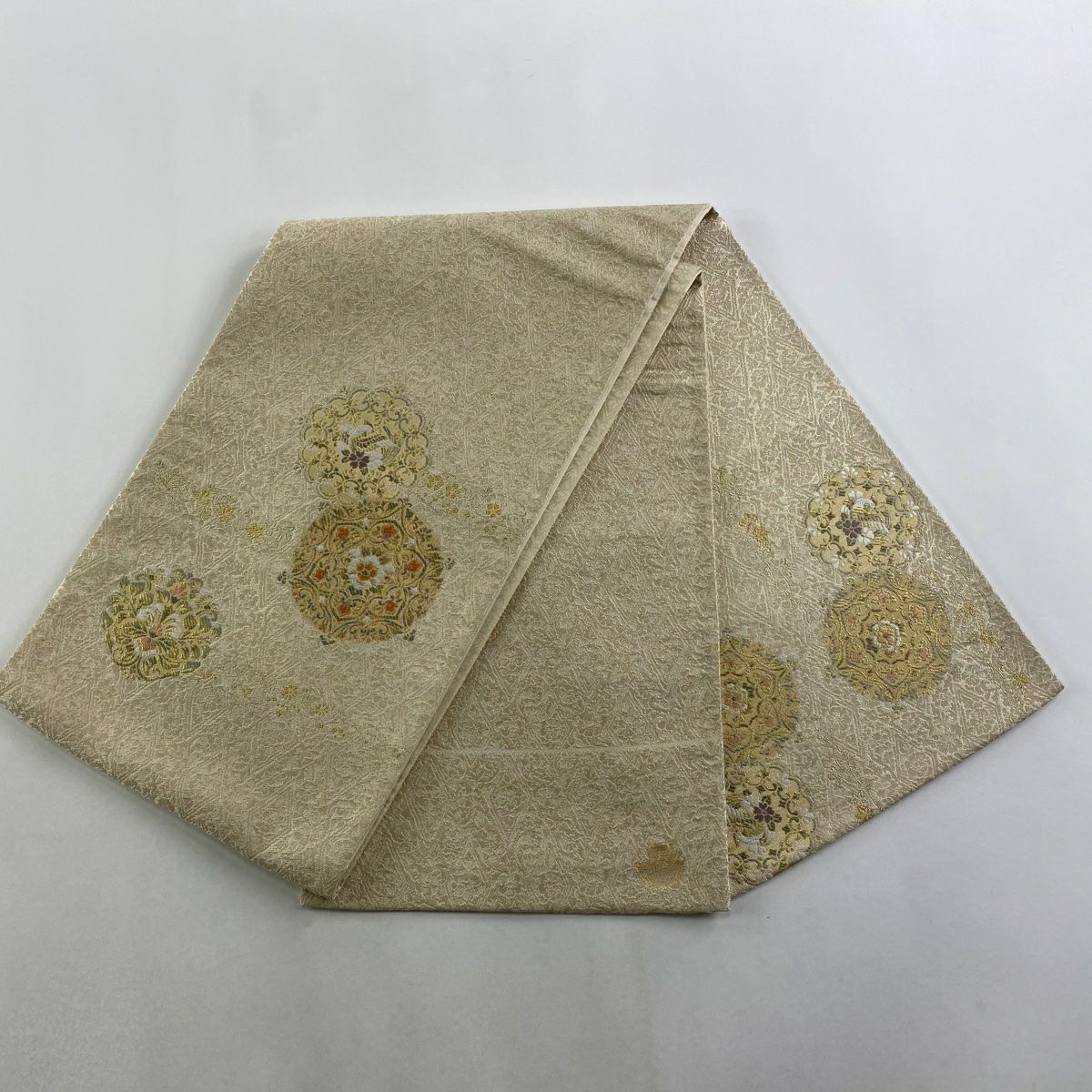 【美品】 袋帶 秀品級 華紋 鳥 金絲 金金箔 米色 大鼓圖案 純蠶絲