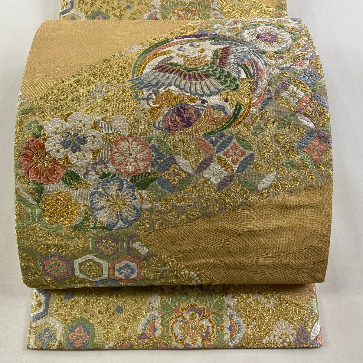 袋帶 秀品級 鳳凰 草花紋刺繡 金銀彩 薄茶 深藍 六通 純蠶絲