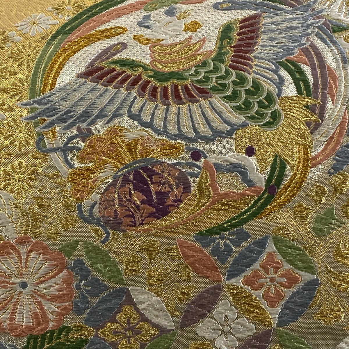 袋帶 秀品級 鳳凰 草花紋刺繡 金銀彩 薄茶 深藍 六通 純蠶絲