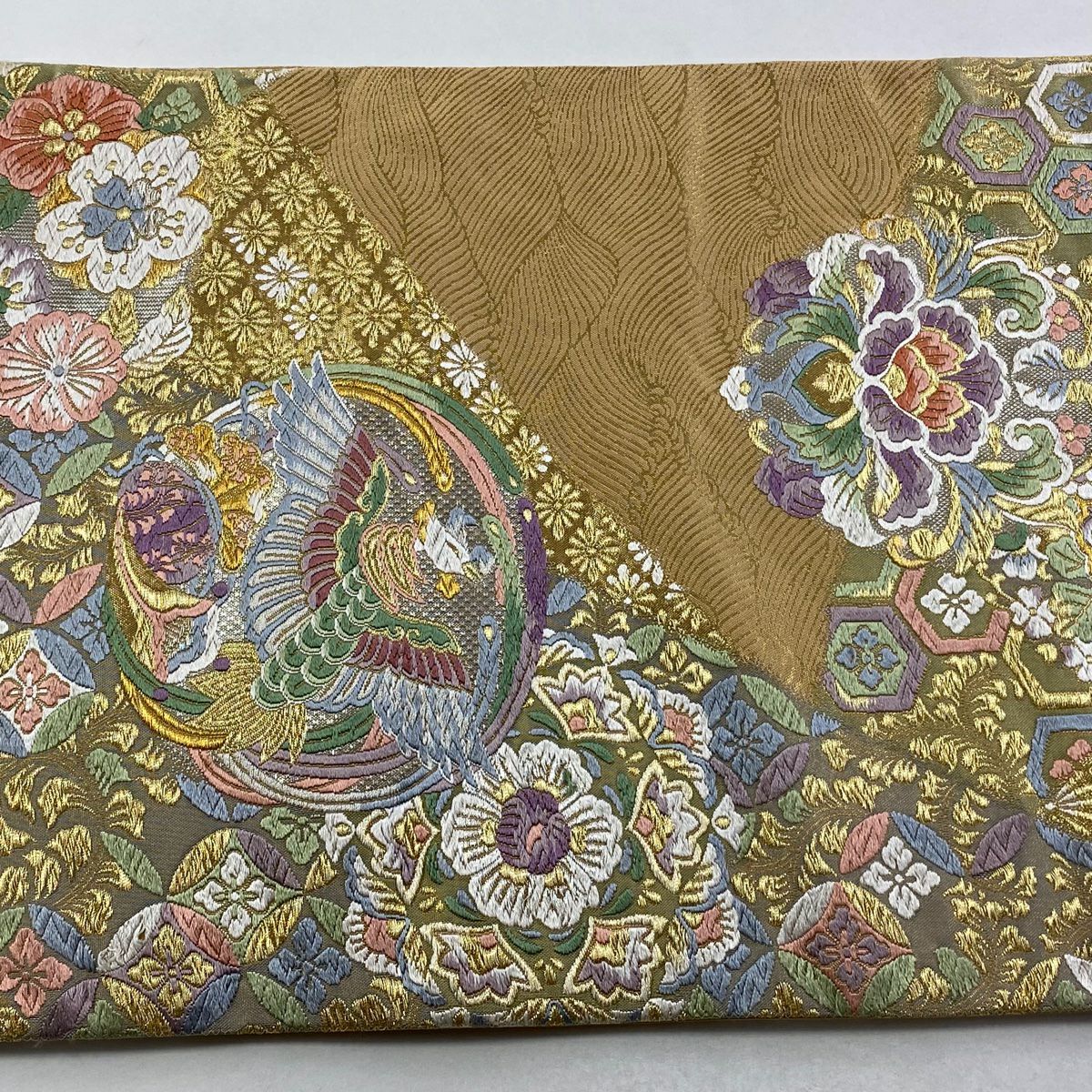袋帶 秀品級 鳳凰 草花紋刺繡 金銀彩 薄茶 深藍 六通 純蠶絲
