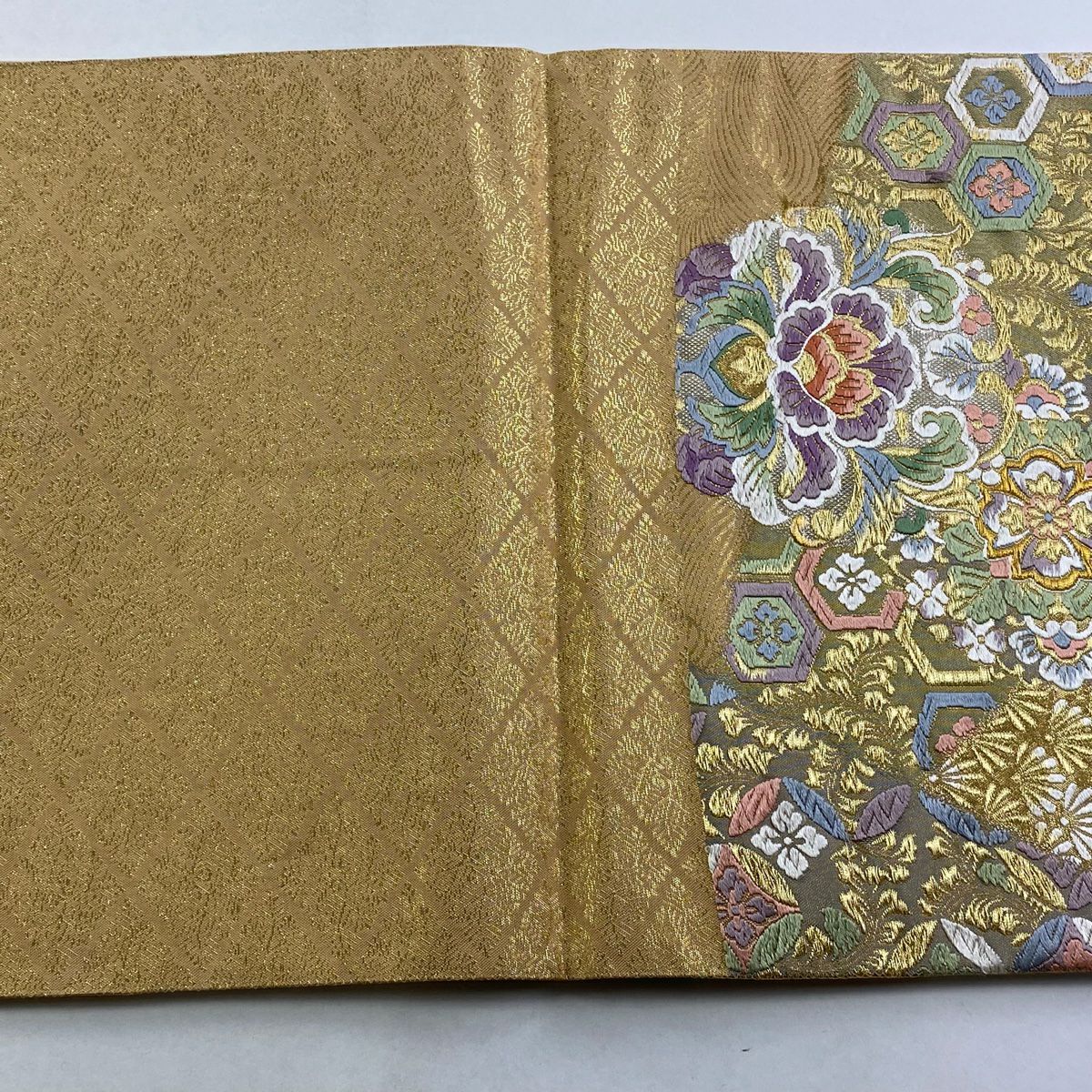 袋帶 秀品級 鳳凰 草花紋刺繡 金銀彩 薄茶 深藍 六通 純蠶絲